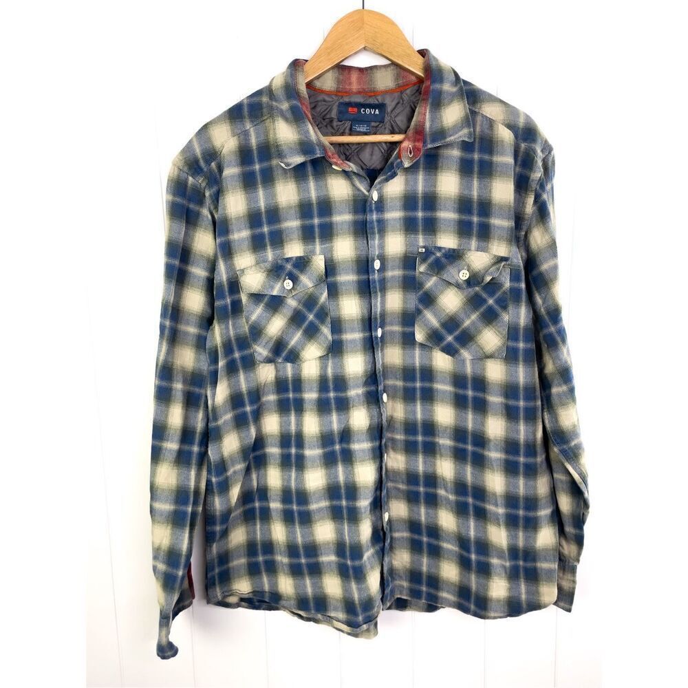 Cova Shirt Mens XL Blue Tan Plaid Flannel Flip Cuff Casual Outdoors Camp Hike